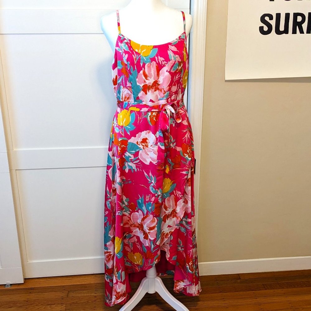 Lulus Floral Midi Pink Dress with Tie and Wrap Style Skirt NWT Size L